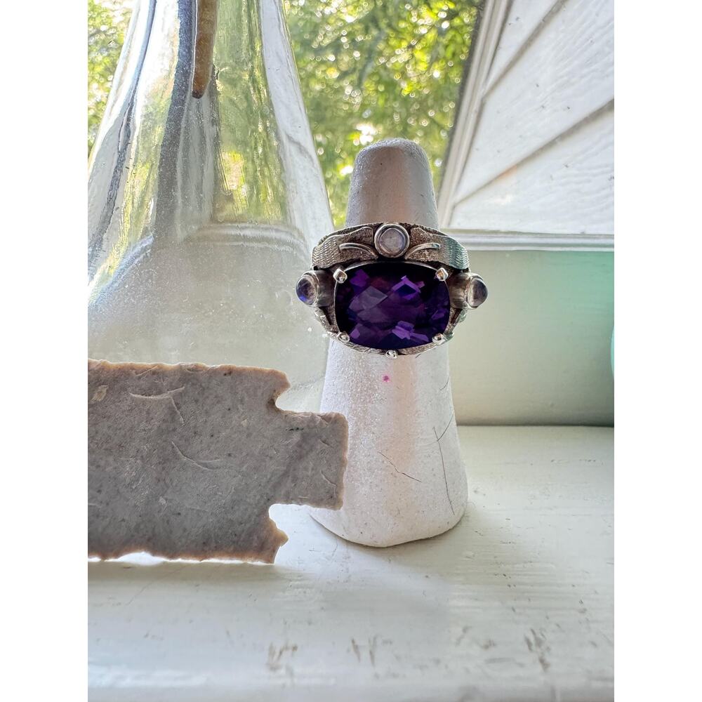 Purple Amethyst Ring Rainbow Moonstone Hand Made Carved Sterling Silver US 8.5